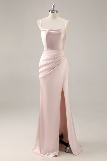 Candy Pink Satin Ruched Mermaid Long Bridesmaid Dress with Slit